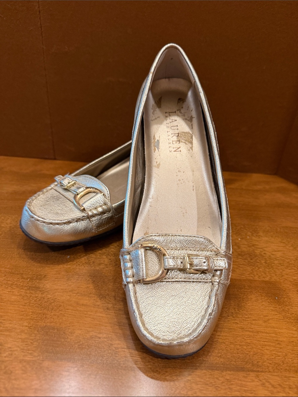 Lauren Ralph Lauren Metallic Gold Leather Loafers with Buckle